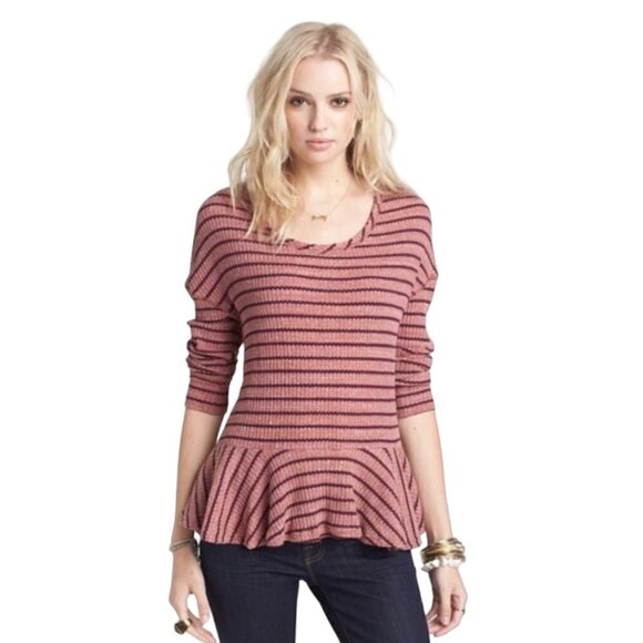 We the Free Top Womens Size S/P Pink Auntie Em Waffle Knit Peplum Cotton Blend - Picture 3 of 13